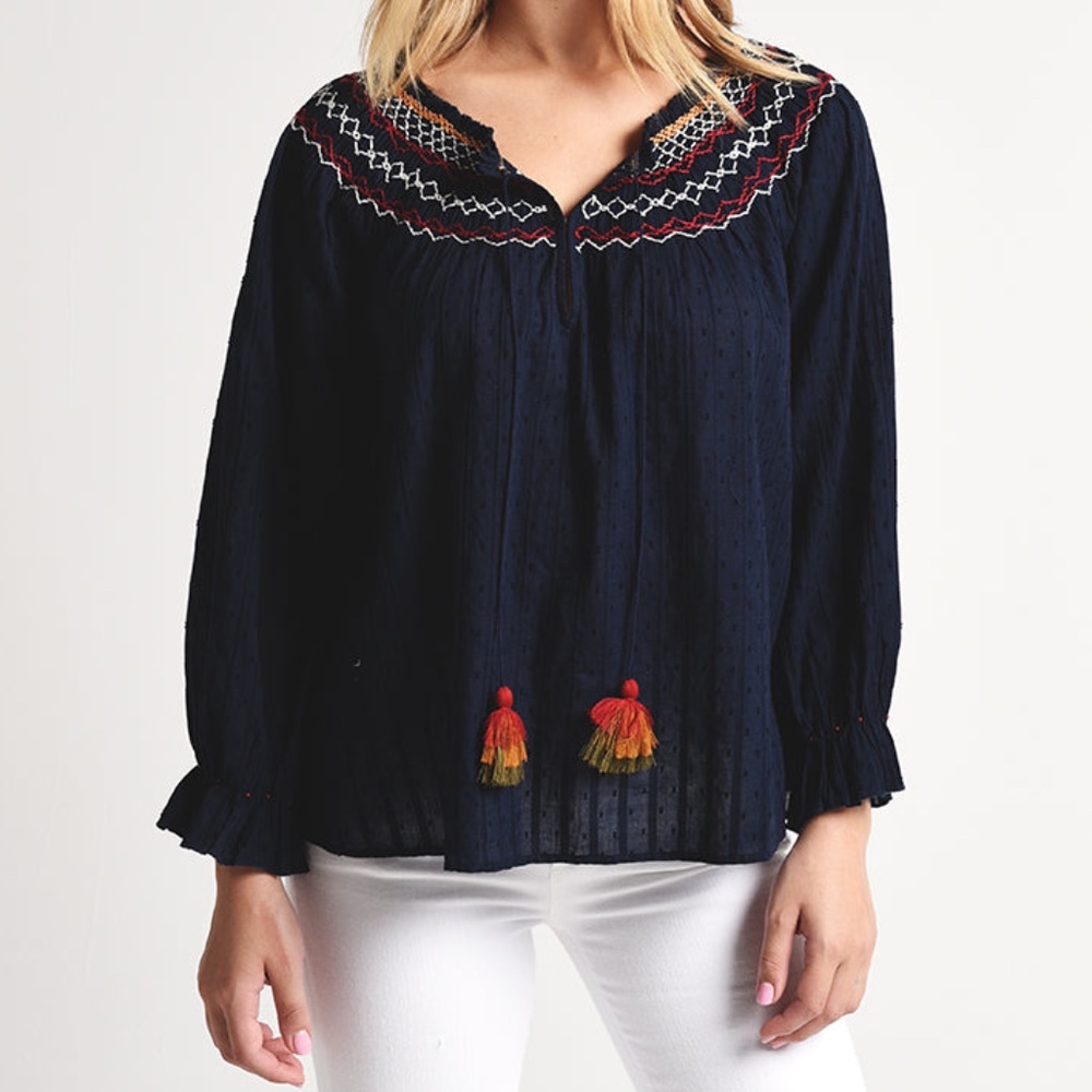 Velvet By Graham Spencer | Trudie Embroidered Smocked Tassel Tie Top Boho Blouse